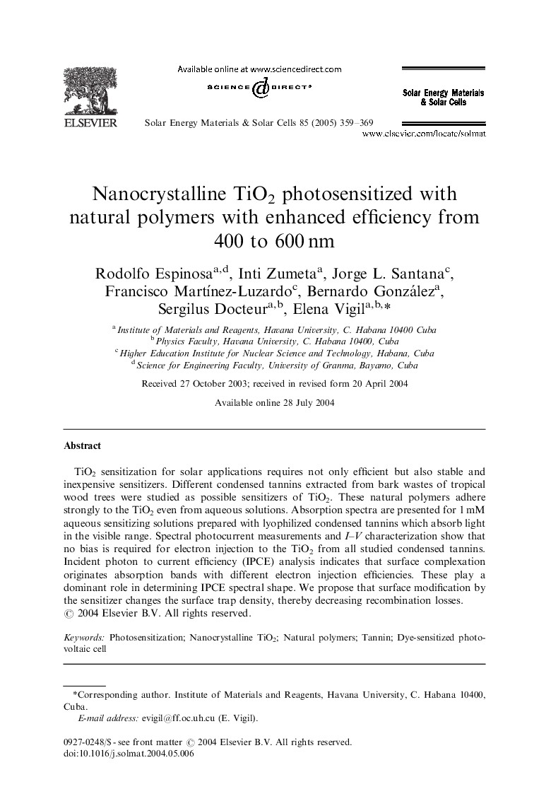 Nanocrystalline TiO2 photosensitized with natural polymers with enhanced efficiency from 400 to 600Â nm