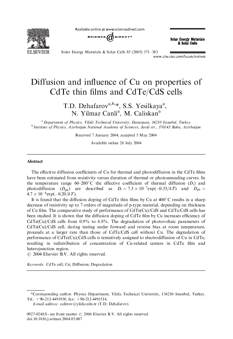 Diffusion and influence of Cu on properties of CdTe thin films and CdTe/CdS cells