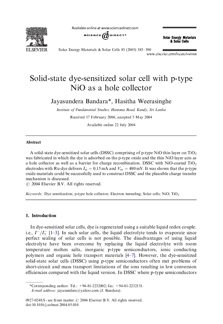 Solid-state dye-sensitized solar cell with p-type NiO as a hole collector