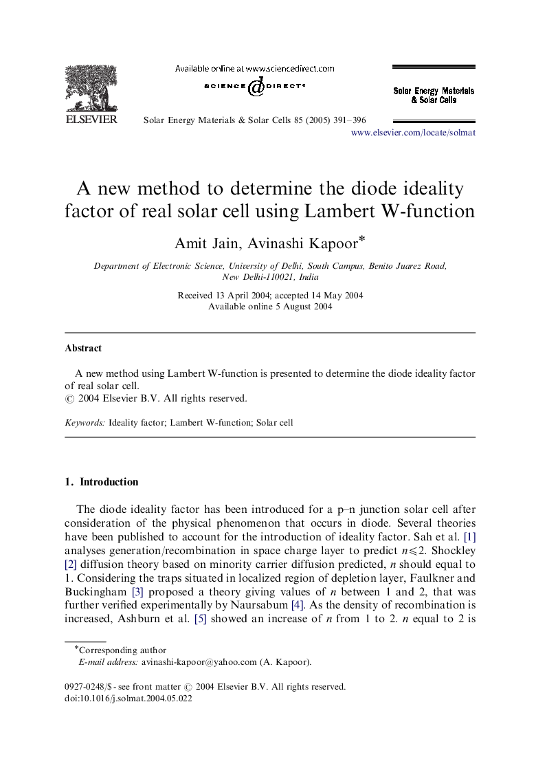 A new method to determine the diode ideality factor of real solar cell using Lambert W-function