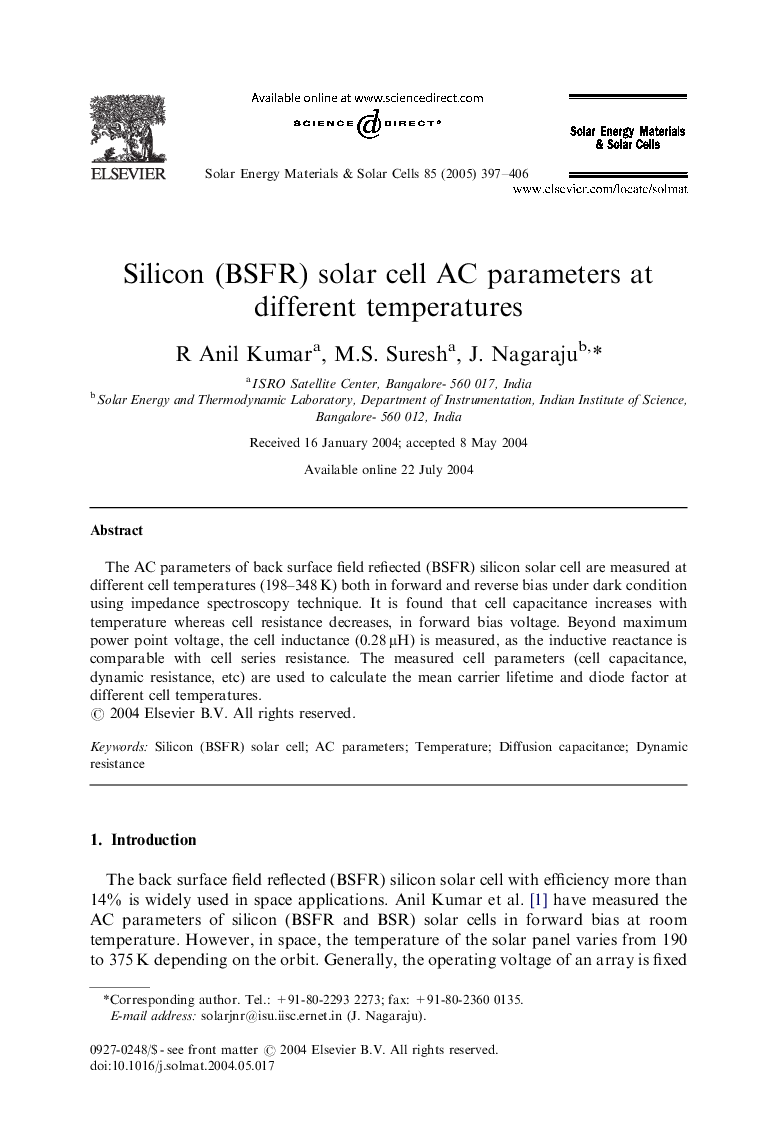 Silicon (BSFR) solar cell AC parameters at different temperatures