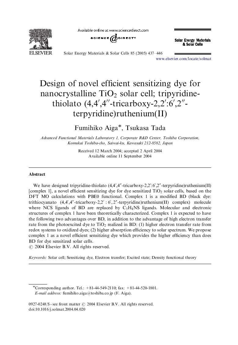 Design of novel efficient sensitizing dye for nanocrystalline TiO2 solar cell; tripyridine-thiolato (4,4â²,4â³-tricarboxy-2,2â²:6â²,2â³-terpyridine)ruthenium(II)