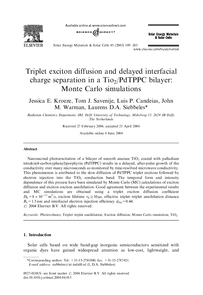 Triplet exciton diffusion and delayed interfacial charge separation in a Tio2/PdTPPC bilayer: Monte Carlo simulations
