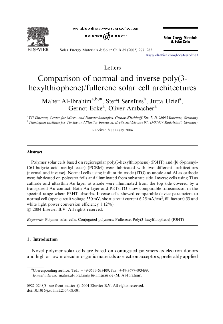 Comparison of normal and inverse poly(3-hexylthiophene)/fullerene solar cell architectures