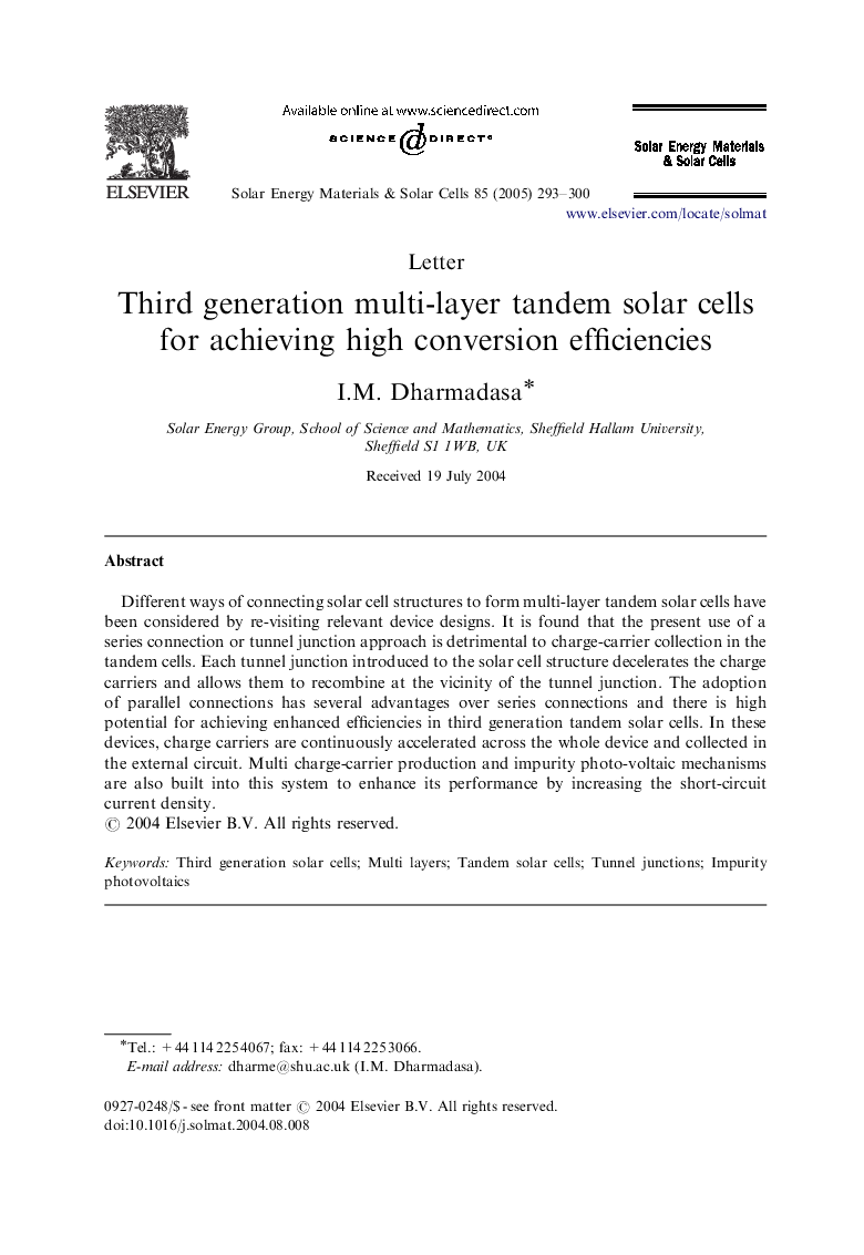 Third generation multi-layer tandem solar cells for achieving high conversion efficiencies