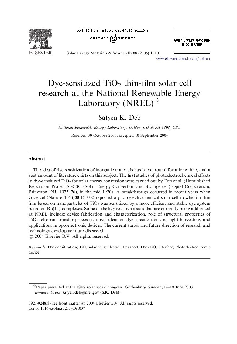 Dye-sensitized TiO2 thin-film solar cell research at the National Renewable Energy Laboratory (NREL)