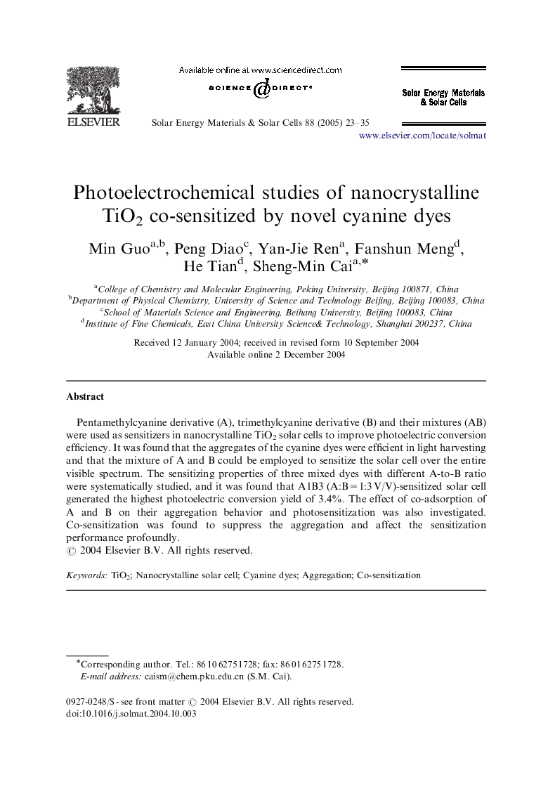 Photoelectrochemical studies of nanocrystalline TiO2 co-sensitized by novel cyanine dyes