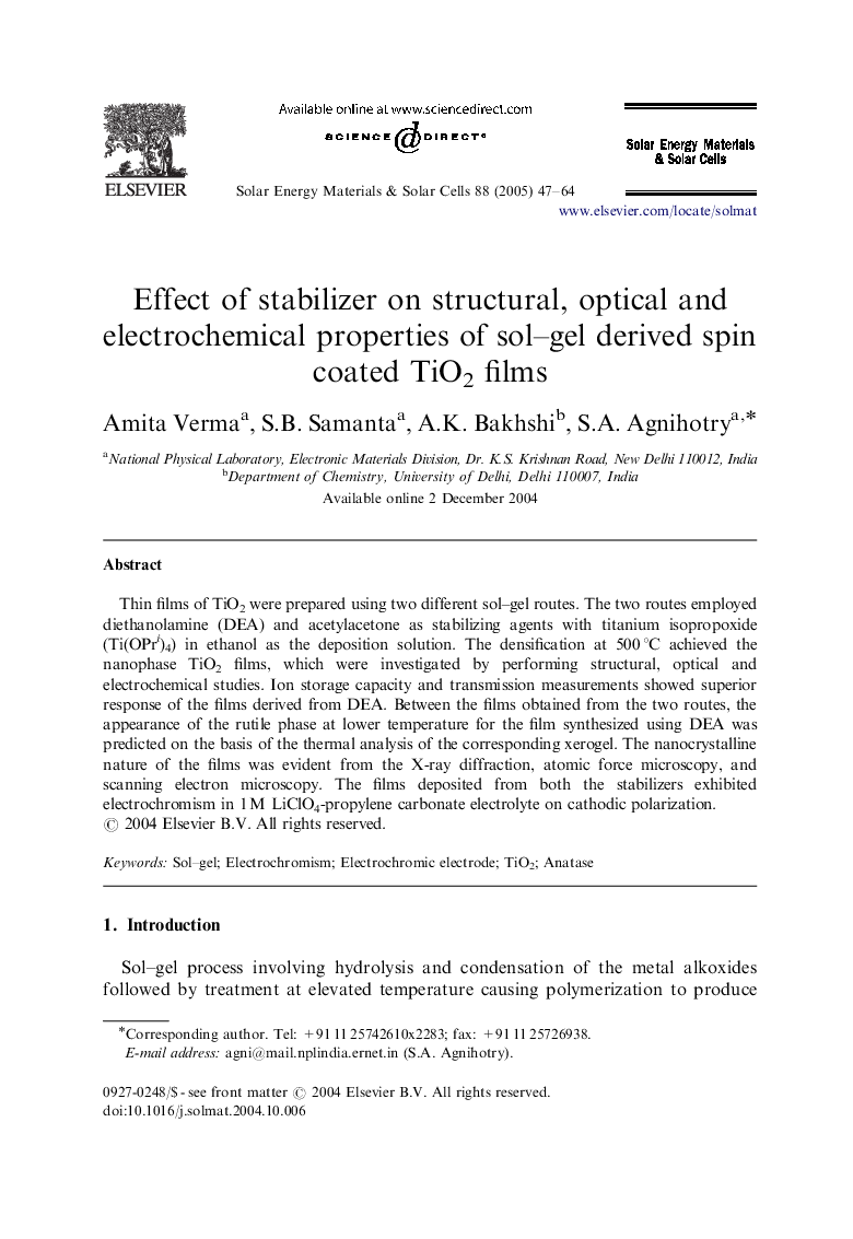 Effect of stabilizer on structural, optical and electrochemical properties of sol-gel derived spin coated TiO2 films