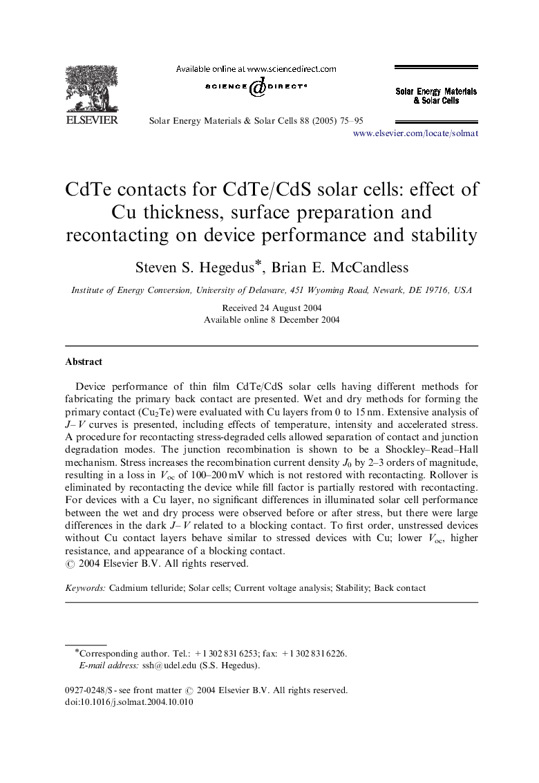 CdTe contacts for CdTe/CdS solar cells: effect of Cu thickness, surface preparation and recontacting on device performance and stability
