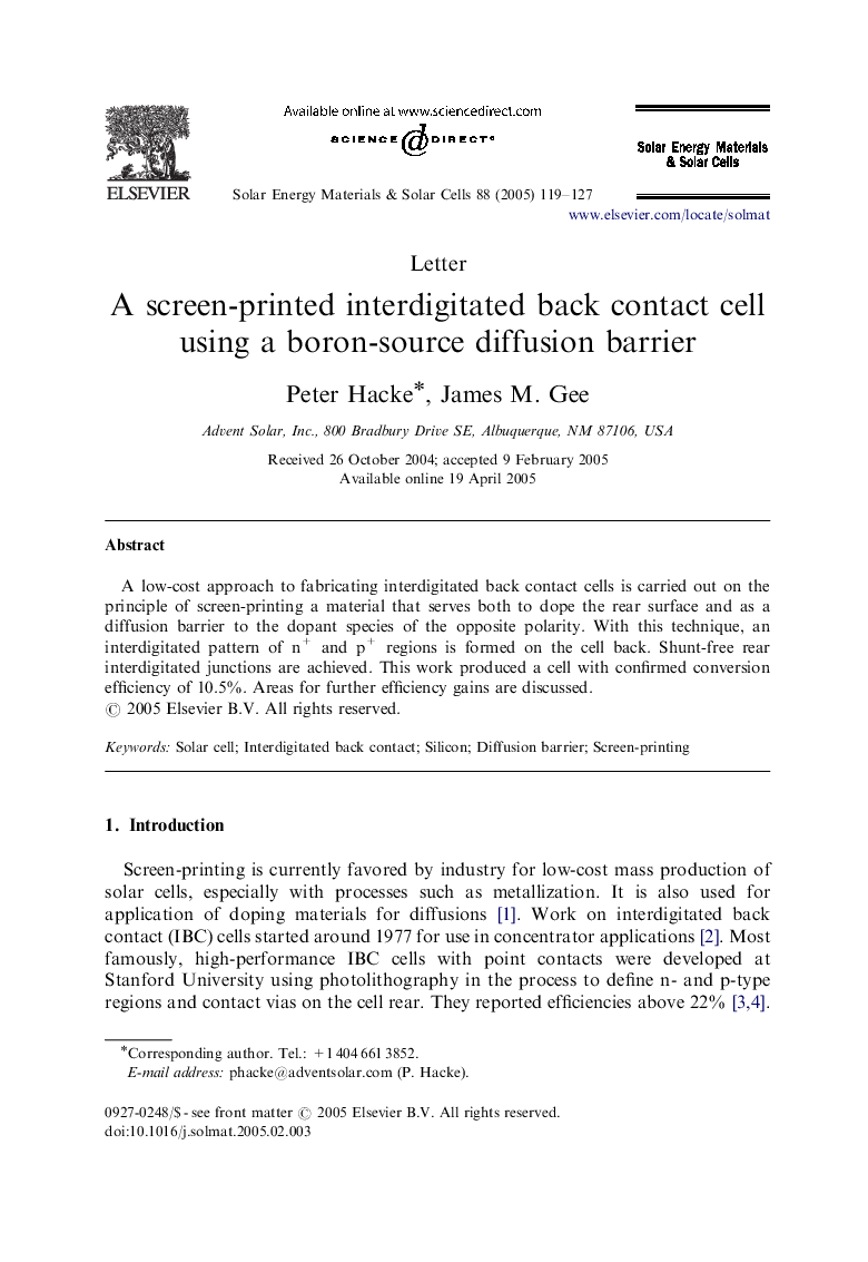 A screen-printed interdigitated back contact cell using a boron-source diffusion barrier