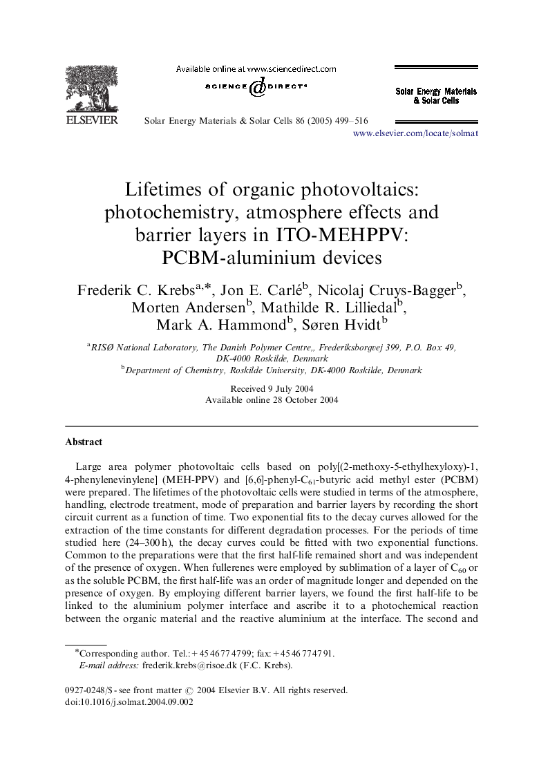 Lifetimes of organic photovoltaics: photochemistry, atmosphere effects and barrier layers in ITO-MEHPPV:PCBM-aluminium devices