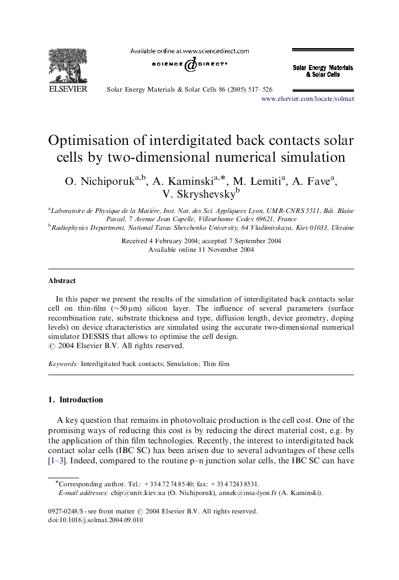 Optimisation of interdigitated back contacts solar cells by two-dimensional numerical simulation