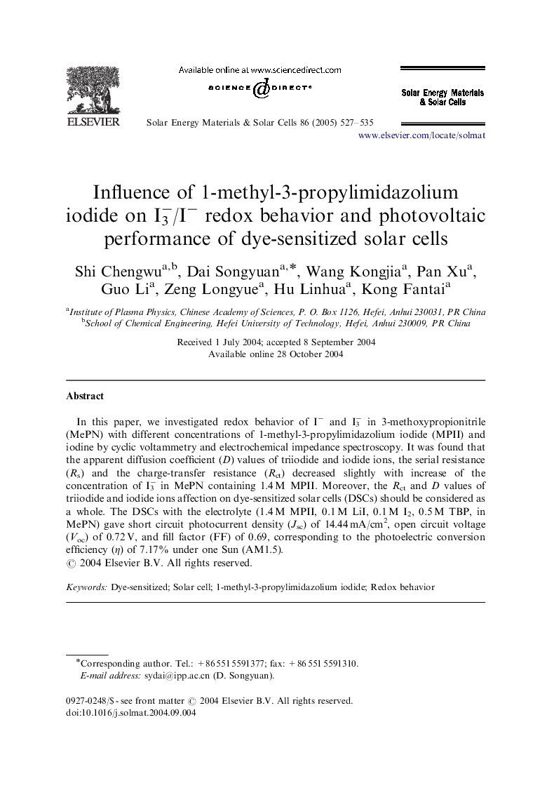 Influence of 1-methyl-3-propylimidazolium iodide on I3â/Iâ redox behavior and photovoltaic performance of dye-sensitized solar cells