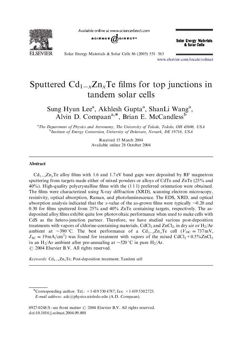 Sputtered Cd1âxZnxTe films for top junctions in tandem solar cells