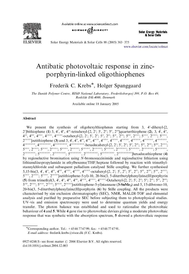 Antibatic photovoltaic response in zinc-porphyrin-linked oligothiophenes