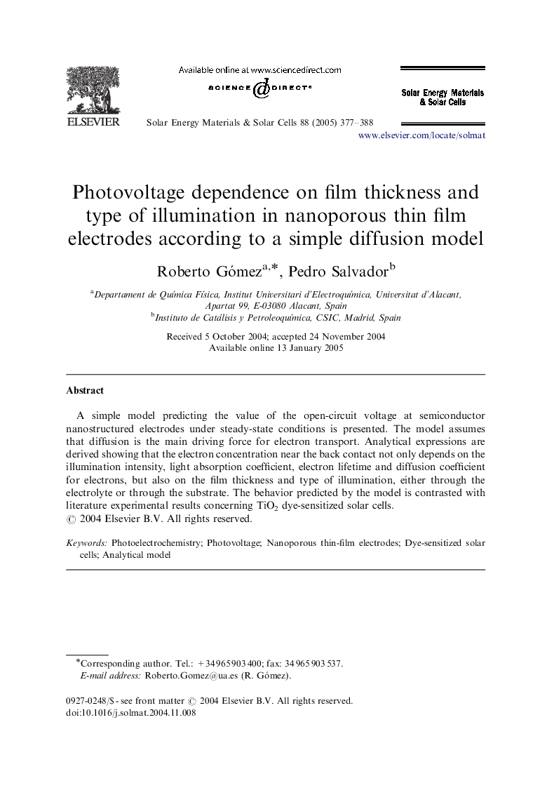 Photovoltage dependence on film thickness and type of illumination in nanoporous thin film electrodes according to a simple diffusion model