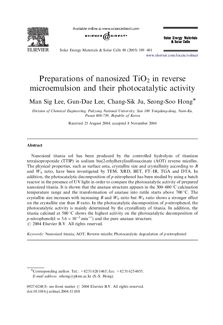 Preparations of nanosized TiO2 in reverse microemulsion and their photocatalytic activity