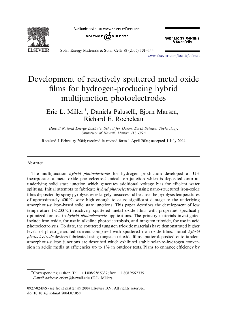 Development of reactively sputtered metal oxide films for hydrogen-producing hybrid multijunction photoelectrodes