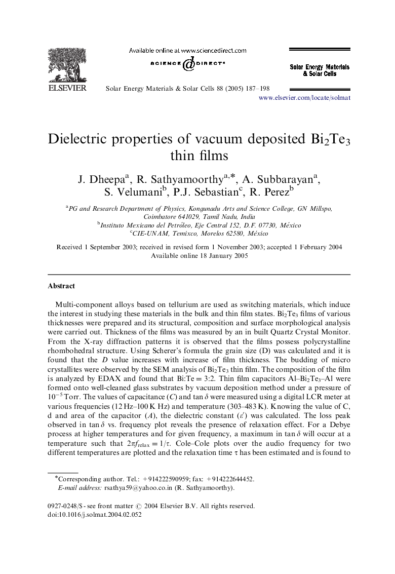 Dielectric properties of vacuum deposited Bi2Te3 thin films