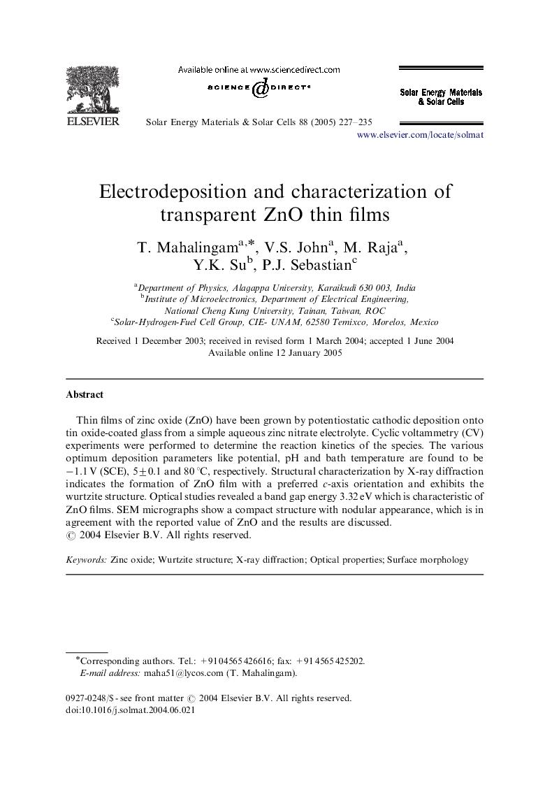 Electrodeposition and characterization of transparent ZnO thin films