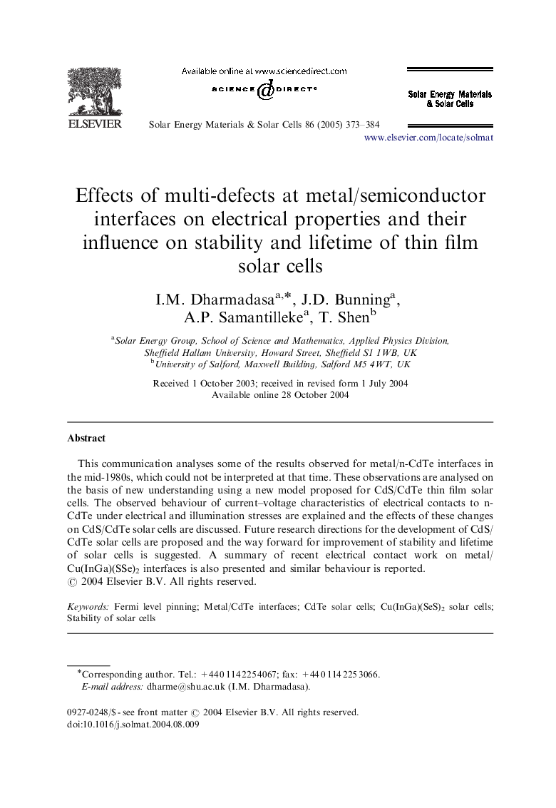 Effects of multi-defects at metal/semiconductor interfaces on electrical properties and their influence on stability and lifetime of thin film solar cells