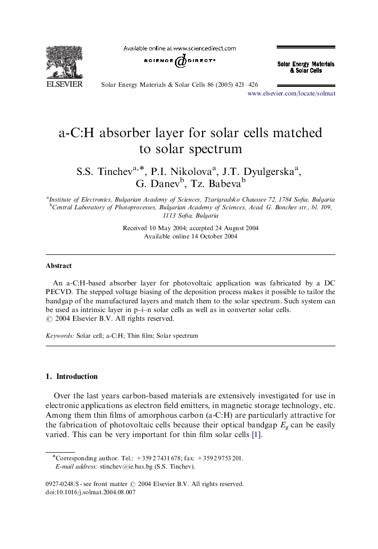 a-C:H absorber layer for solar cells matched to solar spectrum