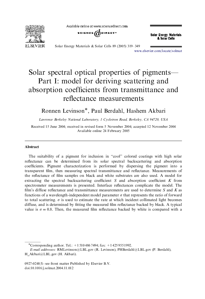 Solar spectral optical properties of pigments-Part I: model for deriving scattering and absorption coefficients from transmittance and reflectance measurements