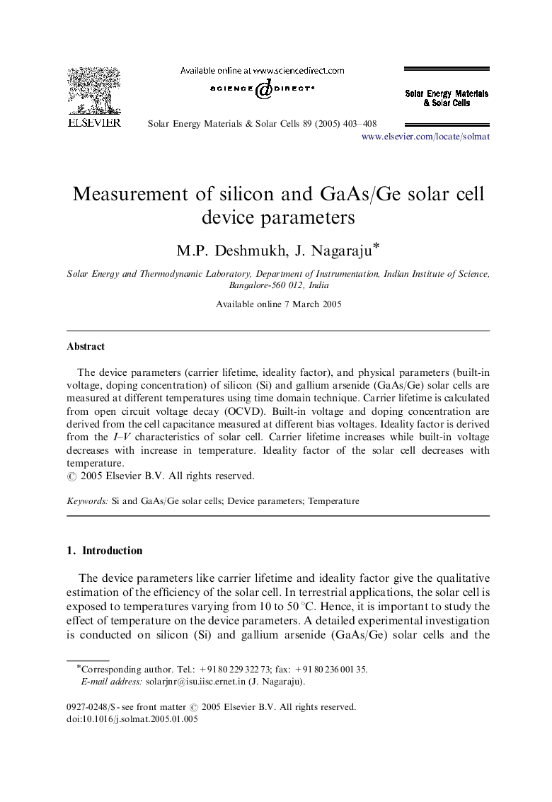 Measurement of silicon and GaAs/Ge solar cell device parameters