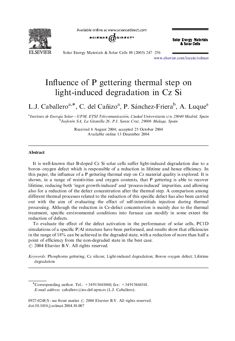 Influence of P gettering thermal step on light-induced degradation in Cz Si