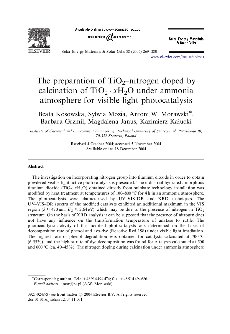 The preparation of TiO2-nitrogen doped by calcination of TiO2Â·xH2O under ammonia atmosphere for visible light photocatalysis