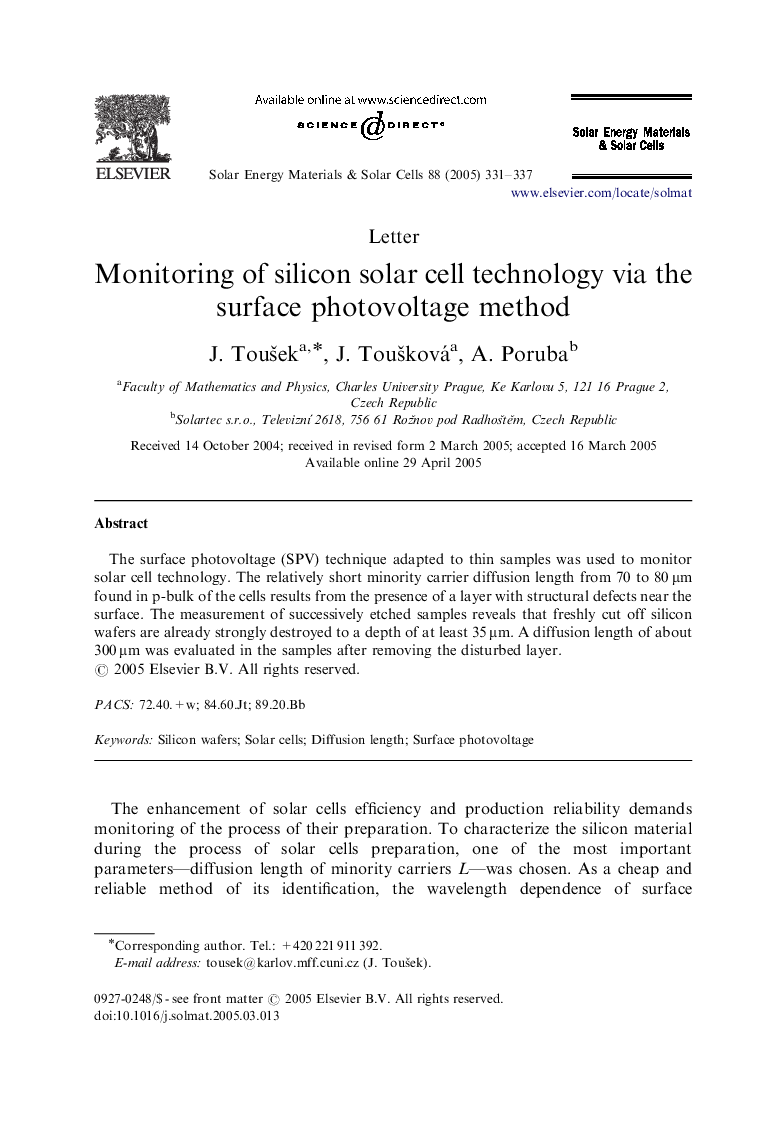 Monitoring of silicon solar cell technology via the surface photovoltage method