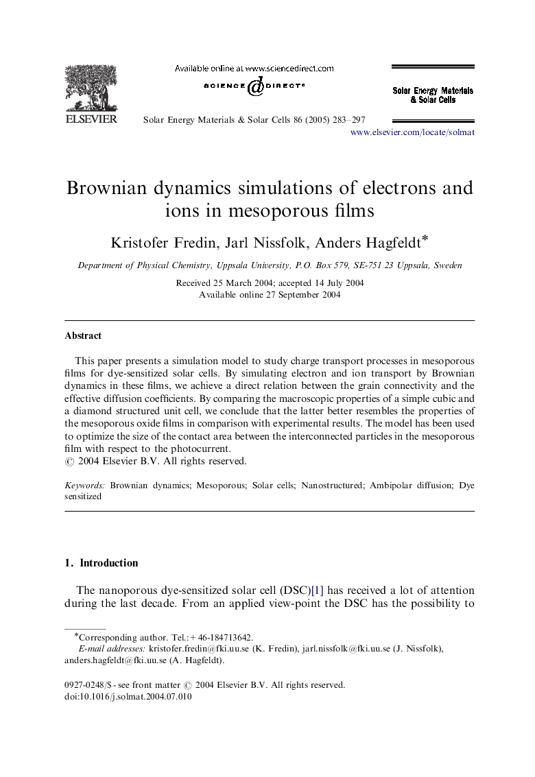 Brownian dynamics simulations of electrons and ions in mesoporous films