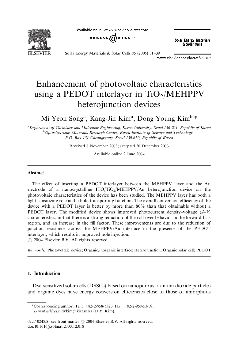 Enhancement of photovoltaic characteristics using a PEDOT interlayer in TiO2/MEHPPV heterojunction devices