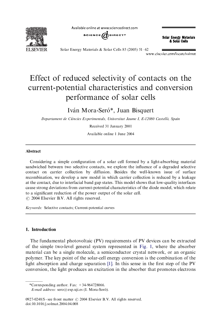 Effect of reduced selectivity of contacts on the current-potential characteristics and conversion performance of solar cells