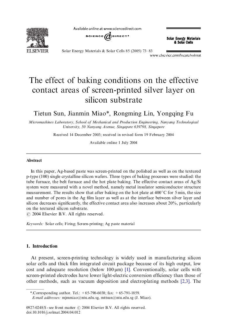 The effect of baking conditions on the effective contact areas of screen-printed silver layer on silicon substrate