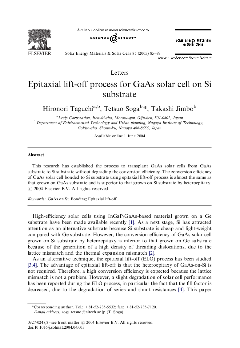 Epitaxial lift-off process for GaAs solar cell on Si substrate