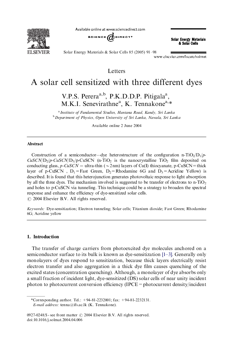 A solar cell sensitized with three different dyes