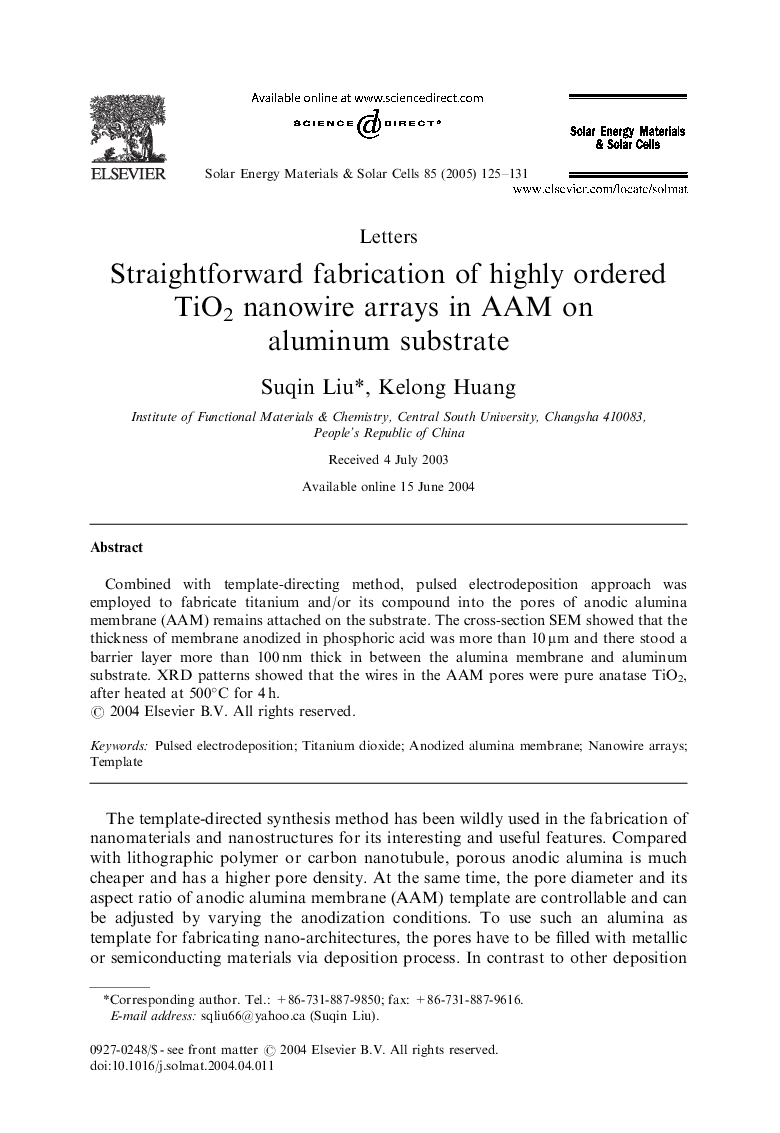 Straightforward fabrication of highly ordered TiO2 nanowire arrays in AAM on aluminum substrate