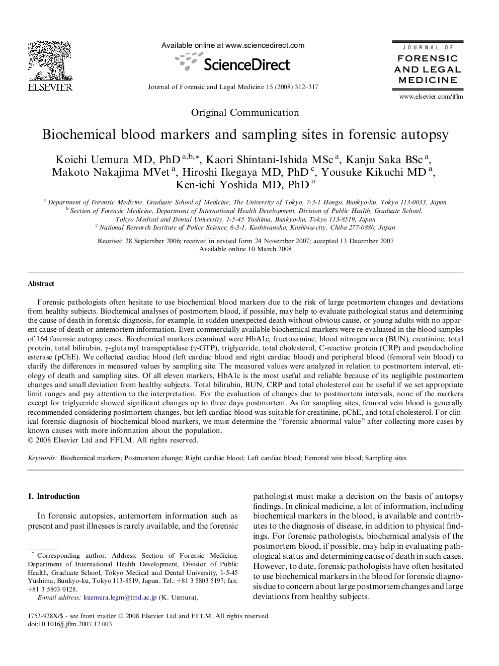 Biochemical blood markers and sampling sites in forensic autopsy