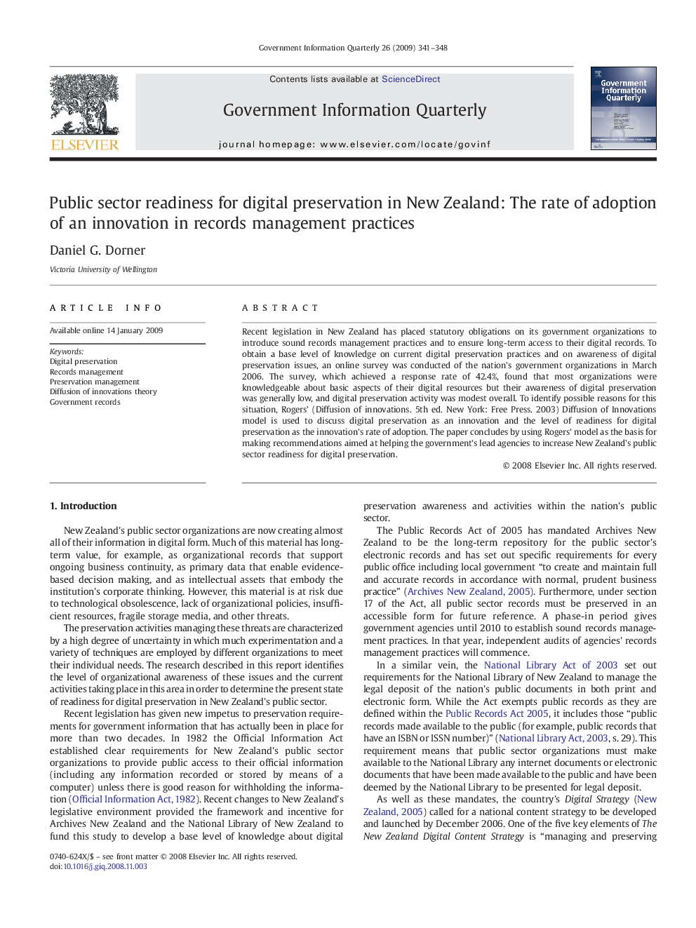 Public sector readiness for digital preservation in New Zealand: The rate of adoption of an innovation in records management practices