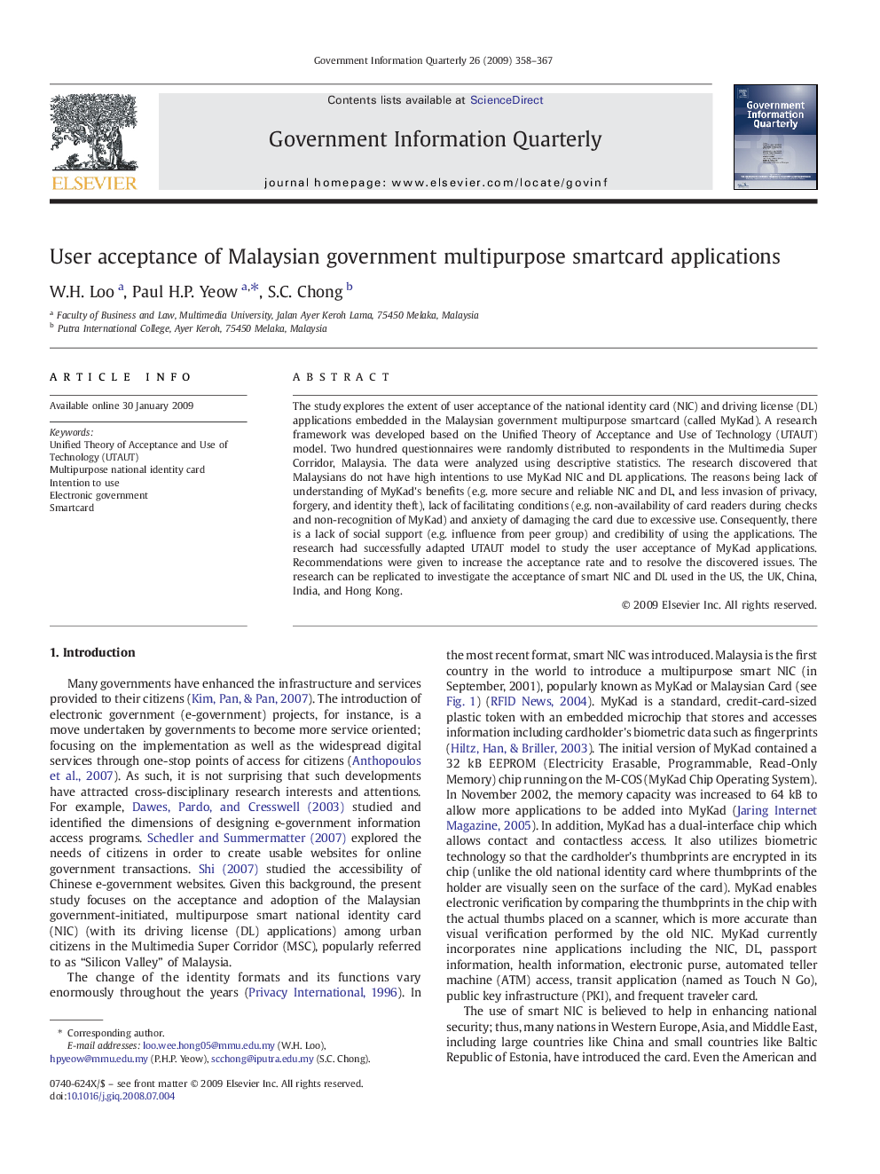 عکس صفحه اول مقاله: User acceptance of Malaysian government multipurpose smartcard applications User acceptance of Malaysian government multipurpose smartcard applications