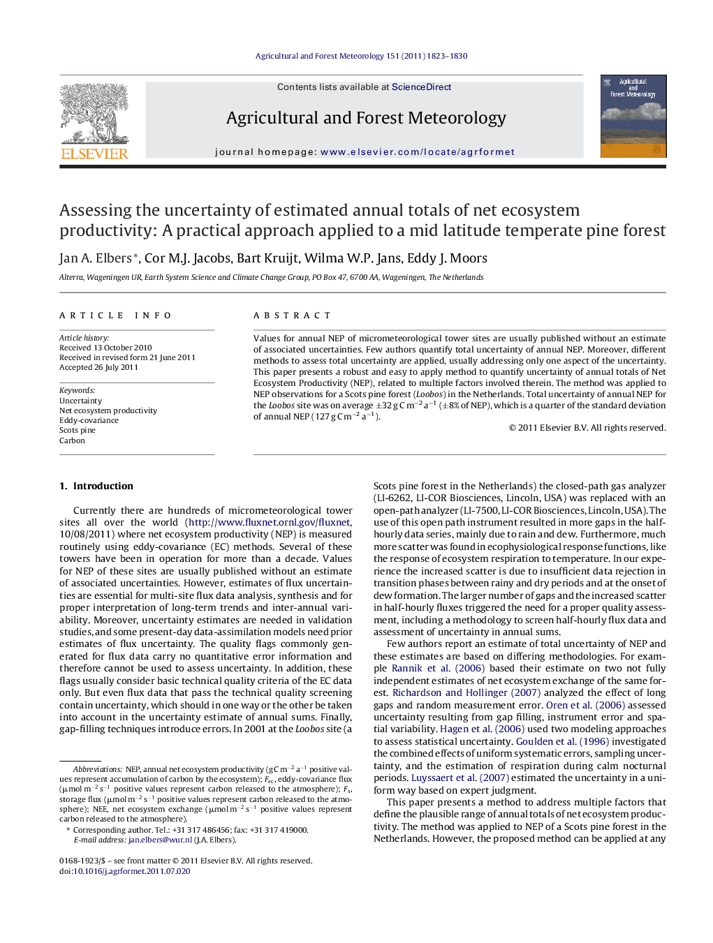 Assessing the uncertainty of estimated annual totals of net ecosystem productivity: A practical approach applied to a mid latitude temperate pine forest