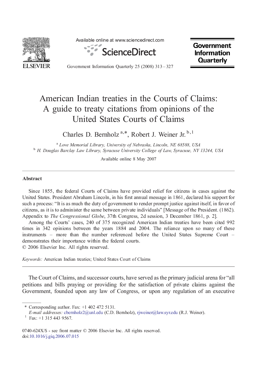 American Indian treaties in the Courts of Claims: A guide to treaty citations from opinions of the United States Courts of Claims