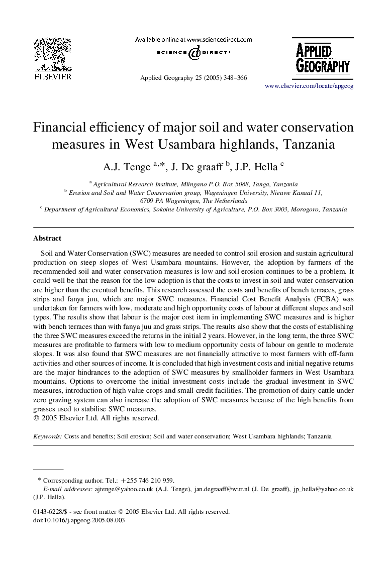 Financial efficiency of major soil and water conservation measures in West Usambara highlands, Tanzania