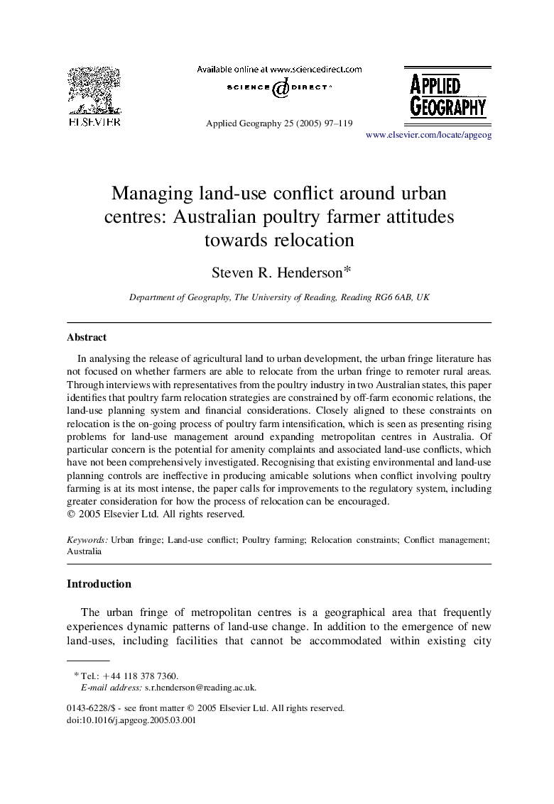 Managing land-use conflict around urban centres: Australian poultry farmer attitudes towards relocation