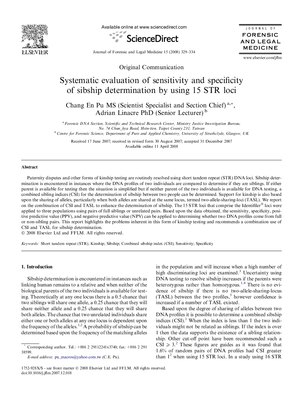 Systematic evaluation of sensitivity and specificity of sibship determination by using 15 STR loci