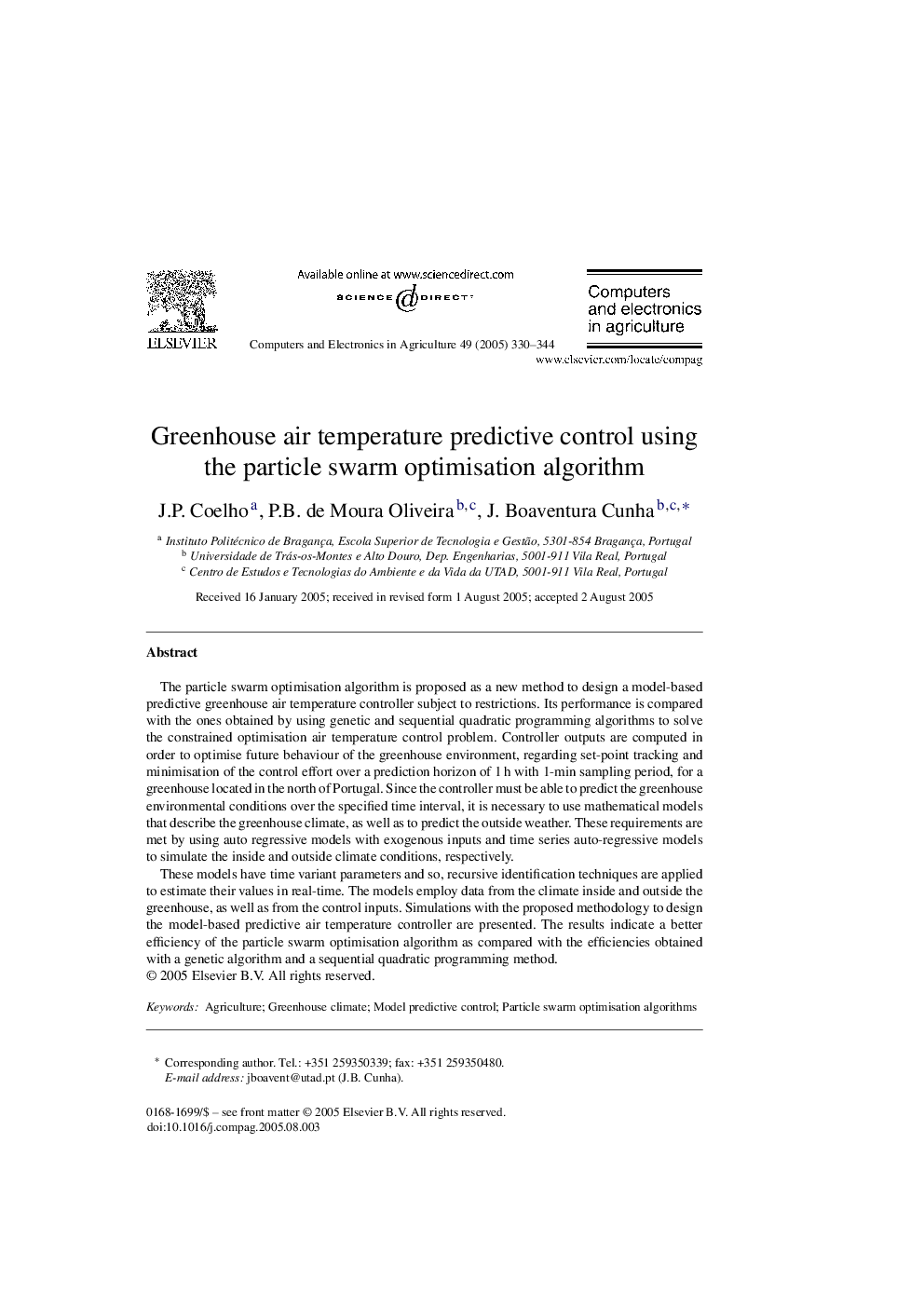 Greenhouse air temperature predictive control using the particle swarm optimisation algorithm