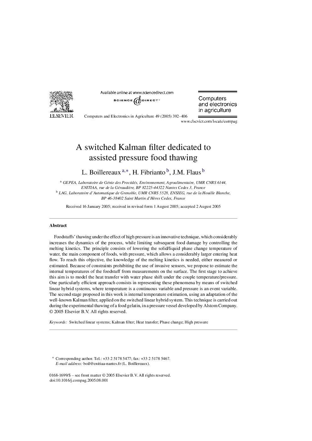 A switched Kalman filter dedicated to assisted pressure food thawing