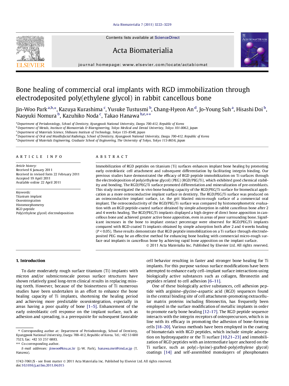 Bone healing of commercial oral implants with RGD immobilization through electrodeposited poly(ethylene glycol) in rabbit cancellous bone