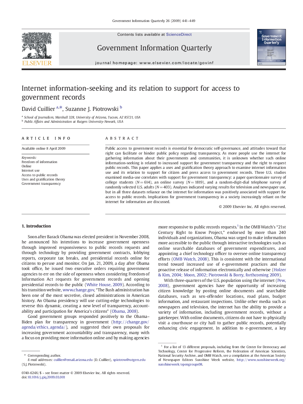 عکس صفحه اول مقاله: Internet information-seeking and its relation to support for access to government records Internet information-seeking and its relation to support for access to government records